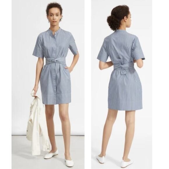 EVERLANE Cotton Collarless Belted Shirt Dress Size Small Blue White - Picture 1 of 5